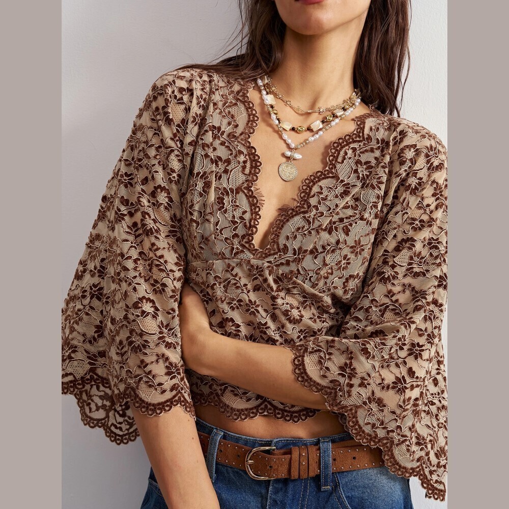 Brown / Tan Floral Lace V Neck Bell Sleeve Scalloped Hem Crop Top